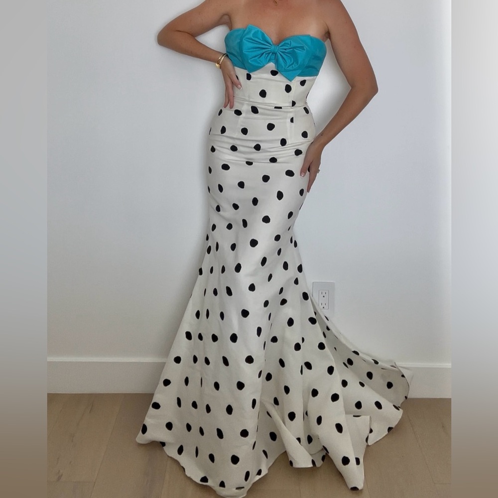 Jovani White Polka Dot Gown with Turquoise Bust